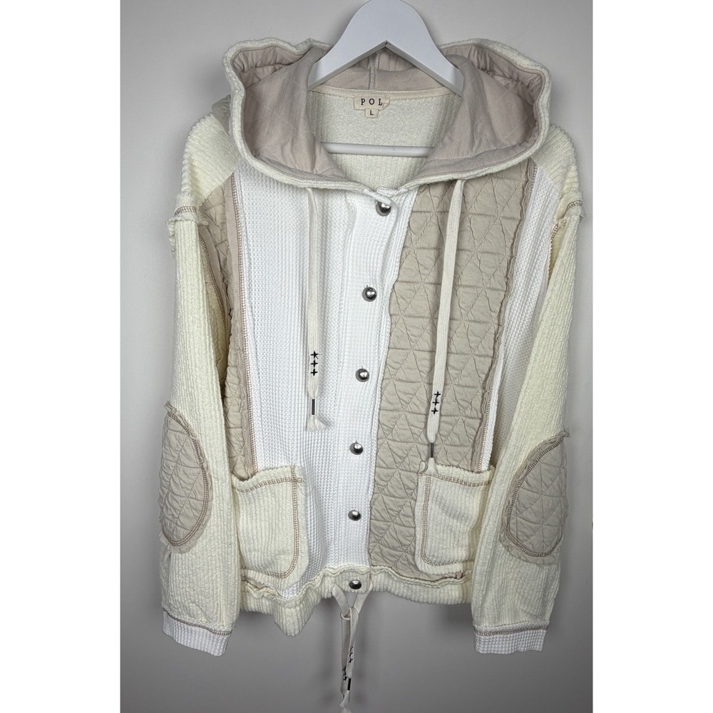 Pol Quilted Hooded Lightweight Cuddle Up Quilted Mixed Media Cream Jacket Large - Picture 3 of 12